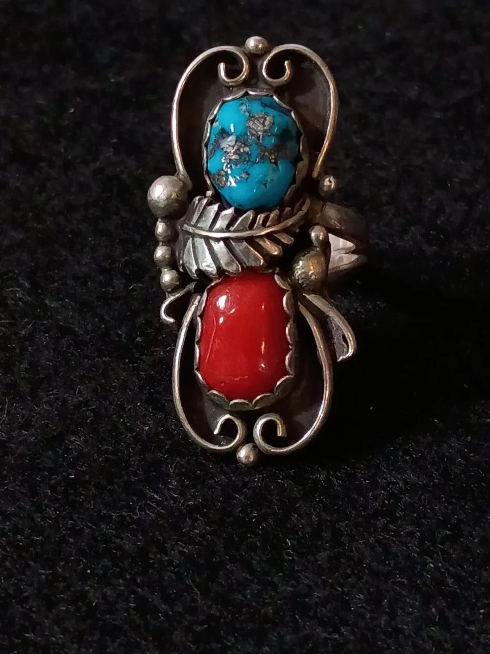 VTG Navajo Sterling Silver Turquoise Coral Bypass Ring 1.5” Jeweler Verified